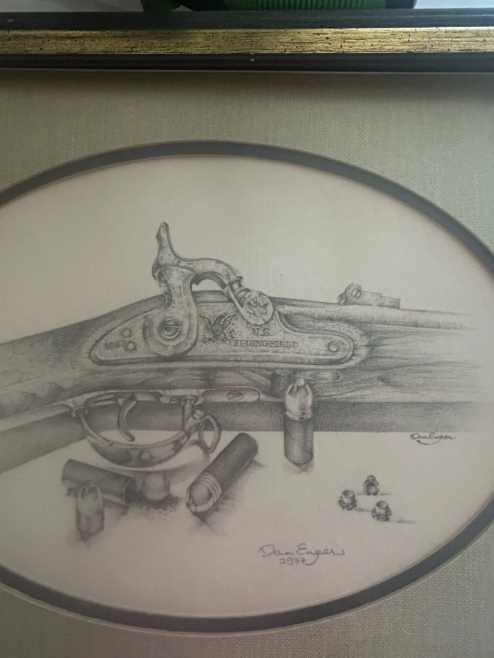 Framed Black & Gold Vintage Rifle Pencil Drawing by Dan Enger